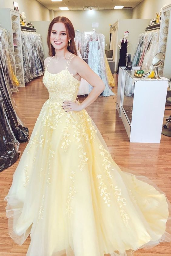 Elegant Yellow Tulle Prom Dress, Appliques Formal Prom Dresses, Long Evening Dress cg10430