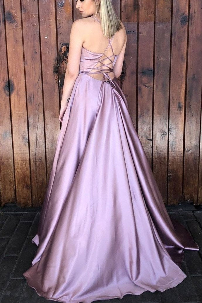 Lace Up Lilac Long Prom Dress with Split-Front cg10433