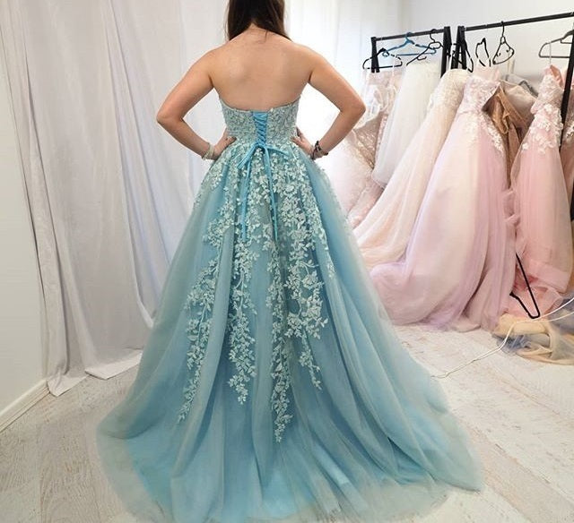 Modest Tulle Open Back Evening Dress with Appliques, Formal Prom Dress cg10447