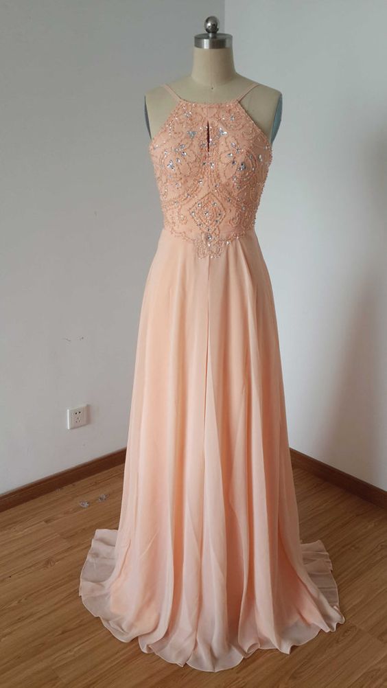 Backless Spaghetti Straps Light Peach Chiffon Long Prom Dress cg10451