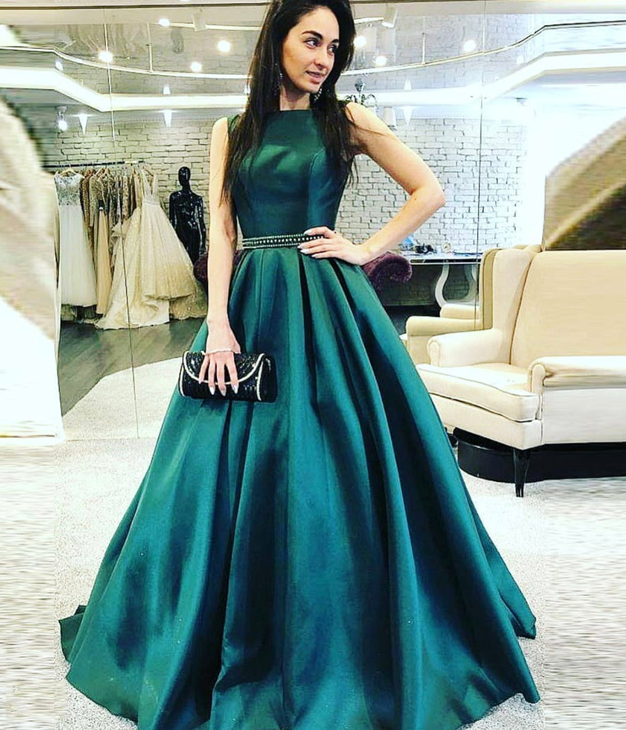 GREEN SATIN LONG PROM DRESS EVENING DRESS cg10462
