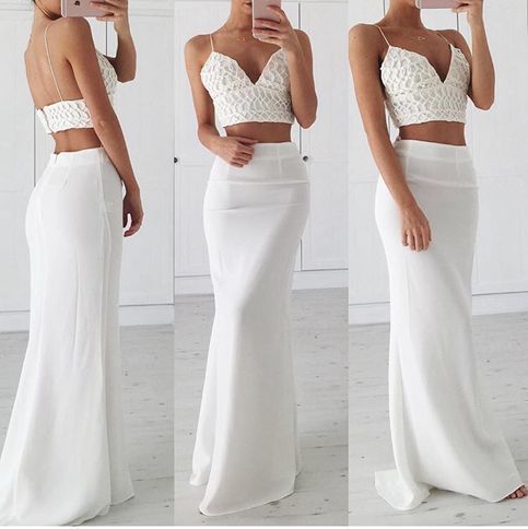 WHITE V NECK LONG PROM GOWN, WHITE FORMAL DRESS cg10485