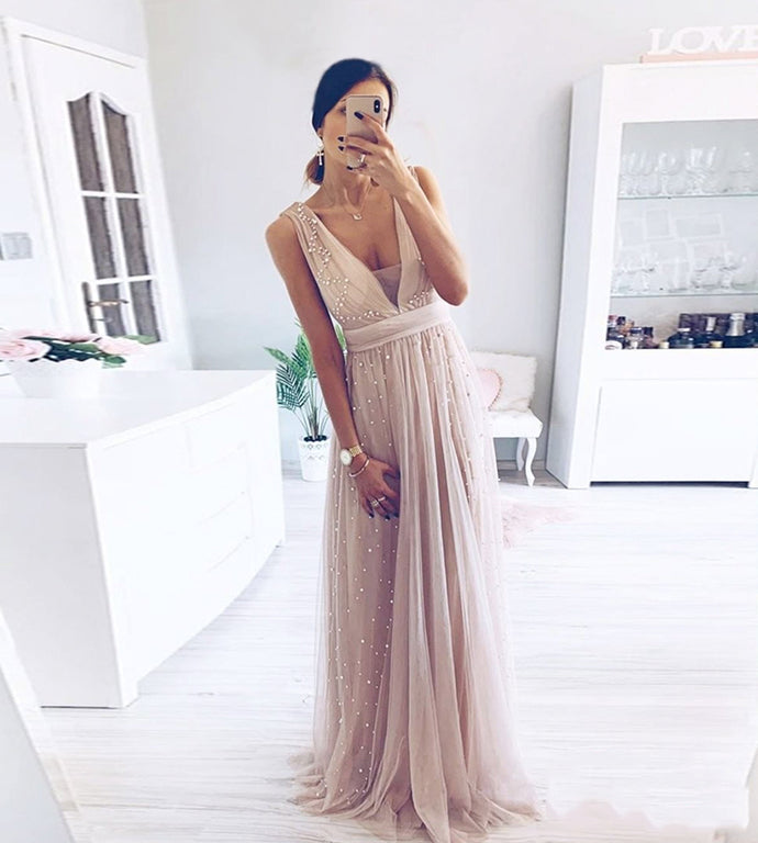 STYLISH V NECK TULLE LONG PROM DRESS cg10486