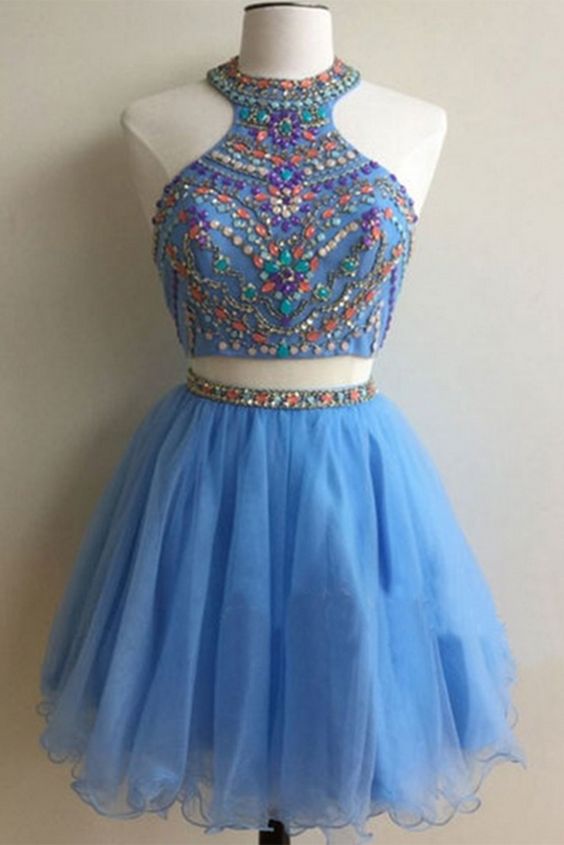 Light blue organza two pieces beading sequins A-line short homecoming dresses for teens,party dresses cg10497