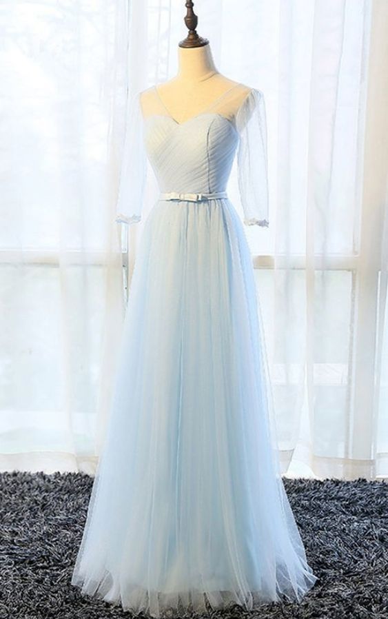 Simple pure blue V neck long senior prom dress with mid sleeves cg10523