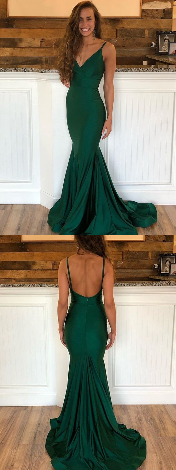 Emerald Green V Neck Mermaid Backless Long Prom Dresses with Sweep Train, Emerald Green Mermaid Formal Graduation Evening Dresses cg10526
