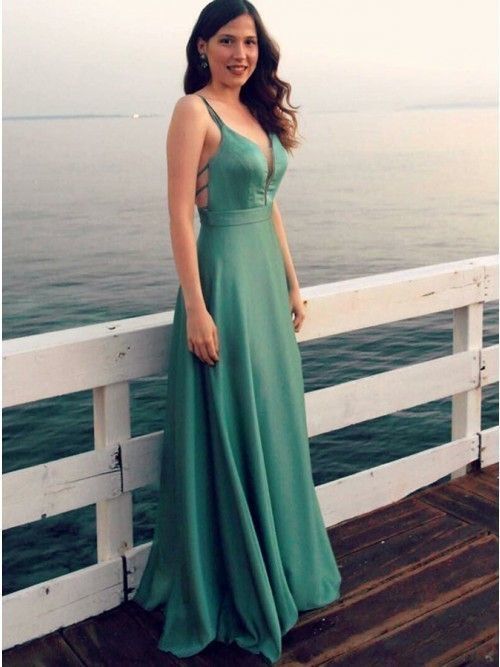 A-Line V-Neck Sleeveless Green Stretch Satin Prom Dress cg10534
