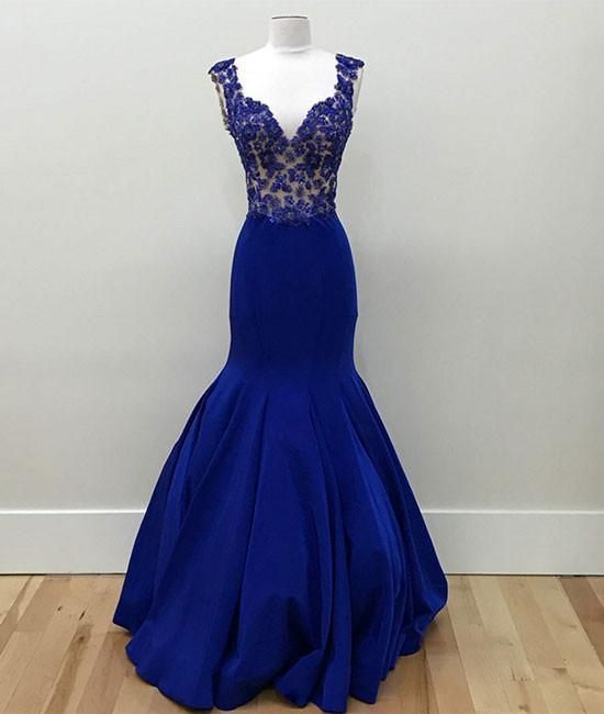 ROYAL BLUE V NECK MERMAID LONG PROM DRESS cg10537