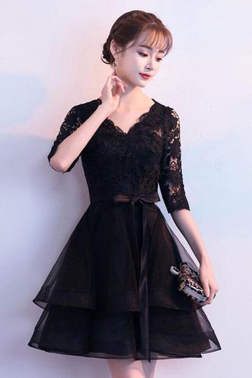 Black V Neck Lace Tulle Short Dress Black Homecoming Dress cg1054