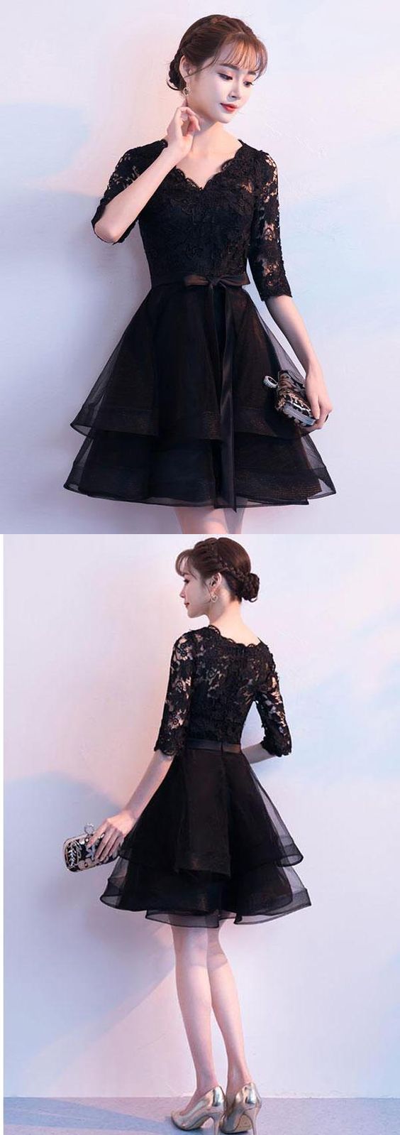 Black V Neck Lace Tulle Short Dress Black Homecoming Dress cg1054
