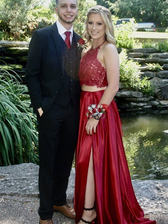 A Line Halter Neck 2 Pieces Lace Red Long Prom Dresses with Leg Slit cg10541