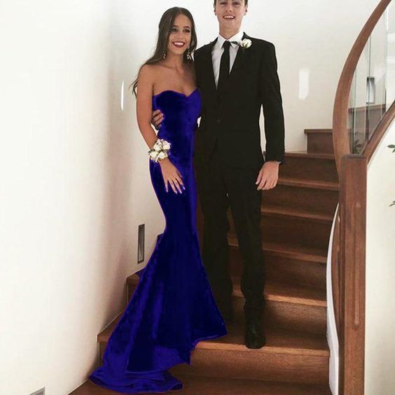 Stunning backless Sweetheart Velvet Evening Dresses Mermaid Long Formal prom Gowns Royal Blue cg10544