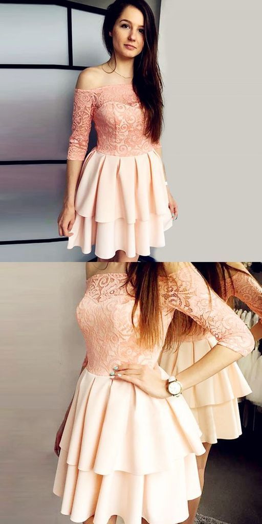 Off the Shoulder 3/4 Sleeves Pink Short Homecoming Dress with Lace cg10564