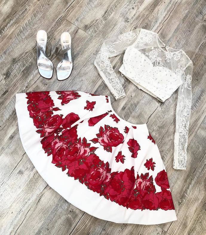 Princess Lace Two Piece Short Homecoming Dress with Long Sleeve cg10572