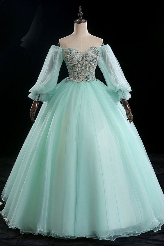 Green Tulle Off Shoulder Long Puffy Sleeve Formal Prom Dress With Lace Applique cg10616