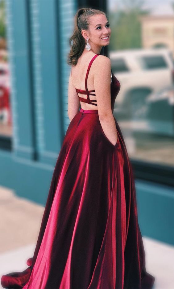 A-line Straps Wine Red Long Prom Dress cg10622