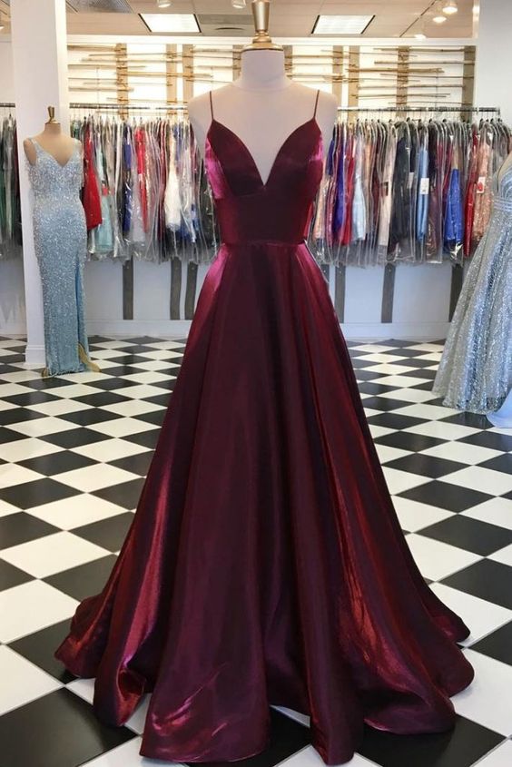 Simple Burgundy Satin V Neck Long Evening Dress, Prom Dress cg10624