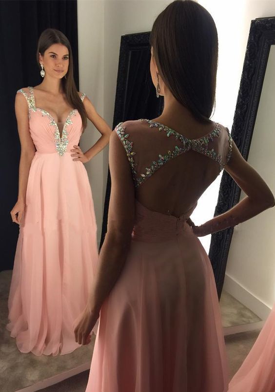 Stunning Beaded Straps Sweetheart Open Back Long Chiffon Prom Dresses cg10631