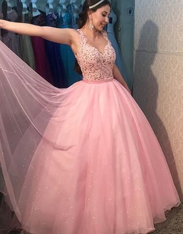 Pink Ball Gown Prom Dress with Illusion Bodice cg10635