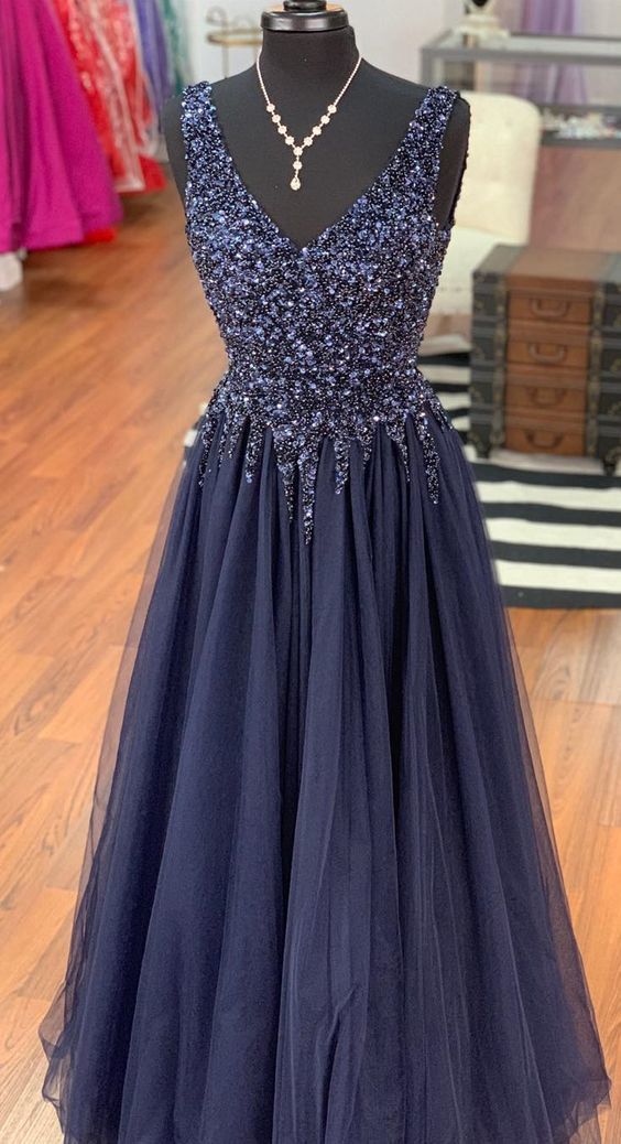handmade v neck navy blue long prom dress cg10663