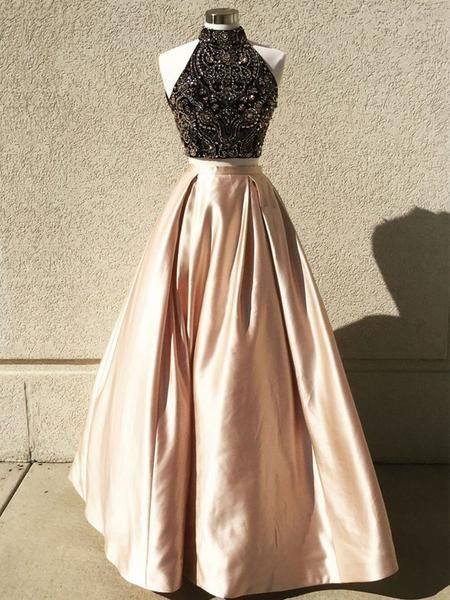 Gorgeous Two Piece Beaded Top High Neck Sleeveless Ball Gown Prom Dresses cg10665