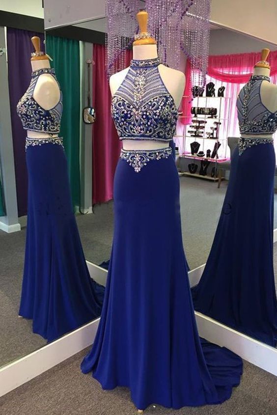 Navy Blue Chiffon Two Pieces Beading See-through Halter Train Long prom Dresses cg10670
