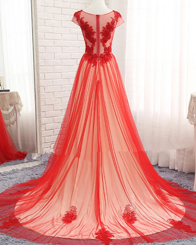Beautiful Red Tulle Long Cap Sleeves Evening Gown, Long Red Prom Dress cg10716