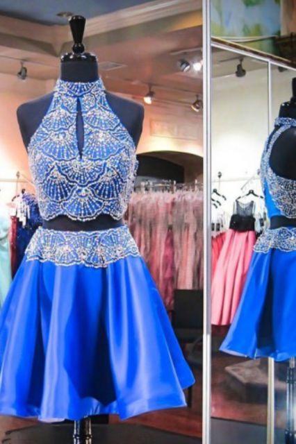 Two Piece High Neck Keyhole Open Back Short Royal Blue Satin Beaded Homecoming Dress cg10730