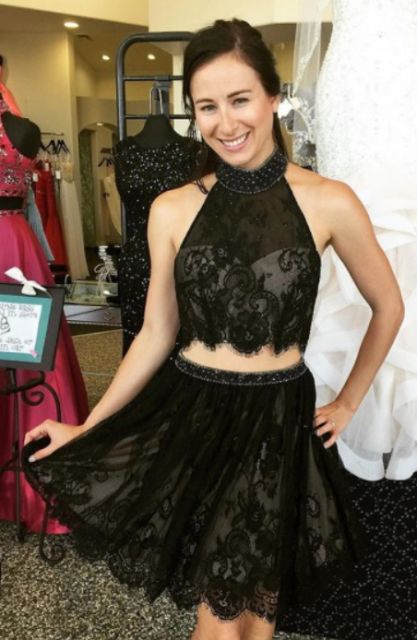 Two Piece High Neck Knee-Length Black Lace Homecoming Dress cg10733