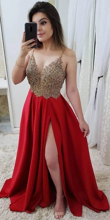 Red V neck A-Line Prom Dress with Straps, Appliques Evening Dress cg10738