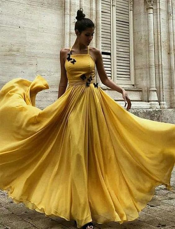 Yellow Long Prom Dresses Halter Formal Evening Party Dresses cg1075