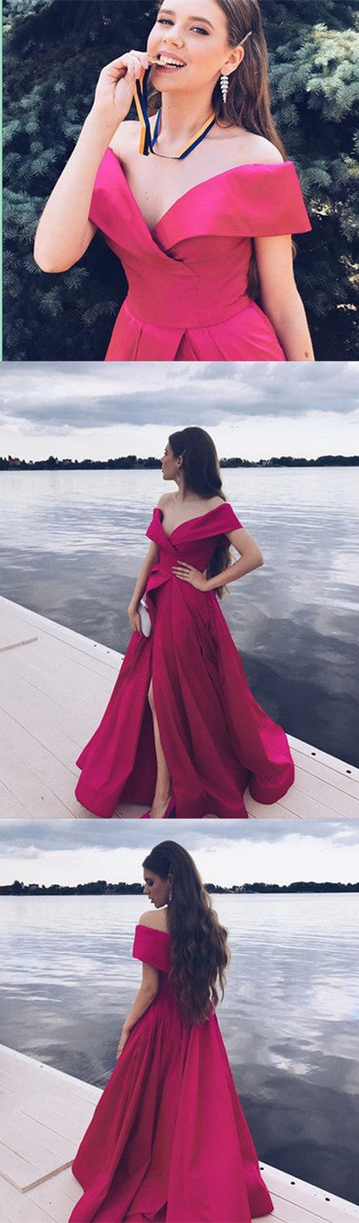 Elegant Off Shoulder Satin Front Slit Long Prom Dress, Evening Dress cg10782