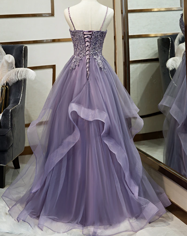 Tulle Long V-Neckline Straps Layers Prom Dress, Evening Gown Formal Dress cg10787