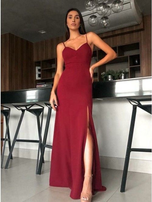 Elegant Spaghetti Straps Burgundy Split Long Formal Prom Dress cg10794