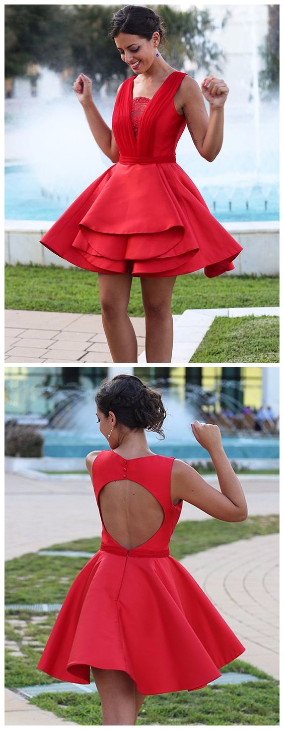 Homecoming Dresses ,Red Satin Mini Lace Cocktail Party Dress, Short Sexy Homecoming Dresses cg10798