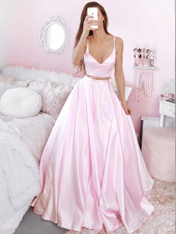 V Neck Two Pieces Pink Satin Long Prom Dresses, 2 Pieces Pink Formal Dresses cg10799