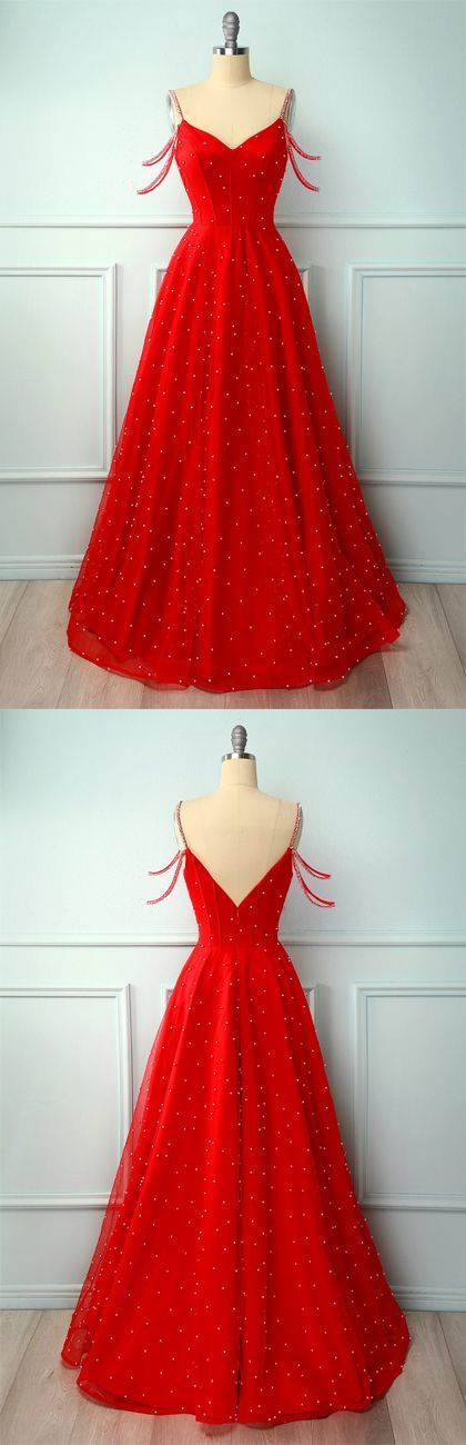 Red A Line Spaghetti Straps Beaded Long Prom Party Dress cg10809