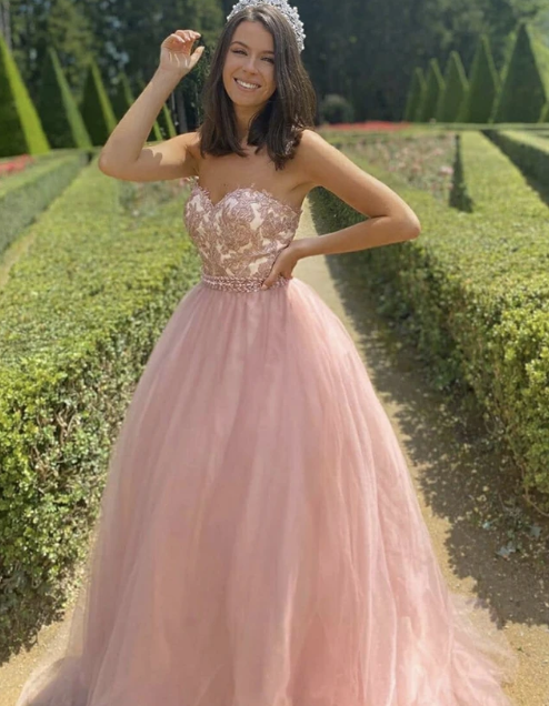 Pink tulle lace long prom dress evening dress cg10814