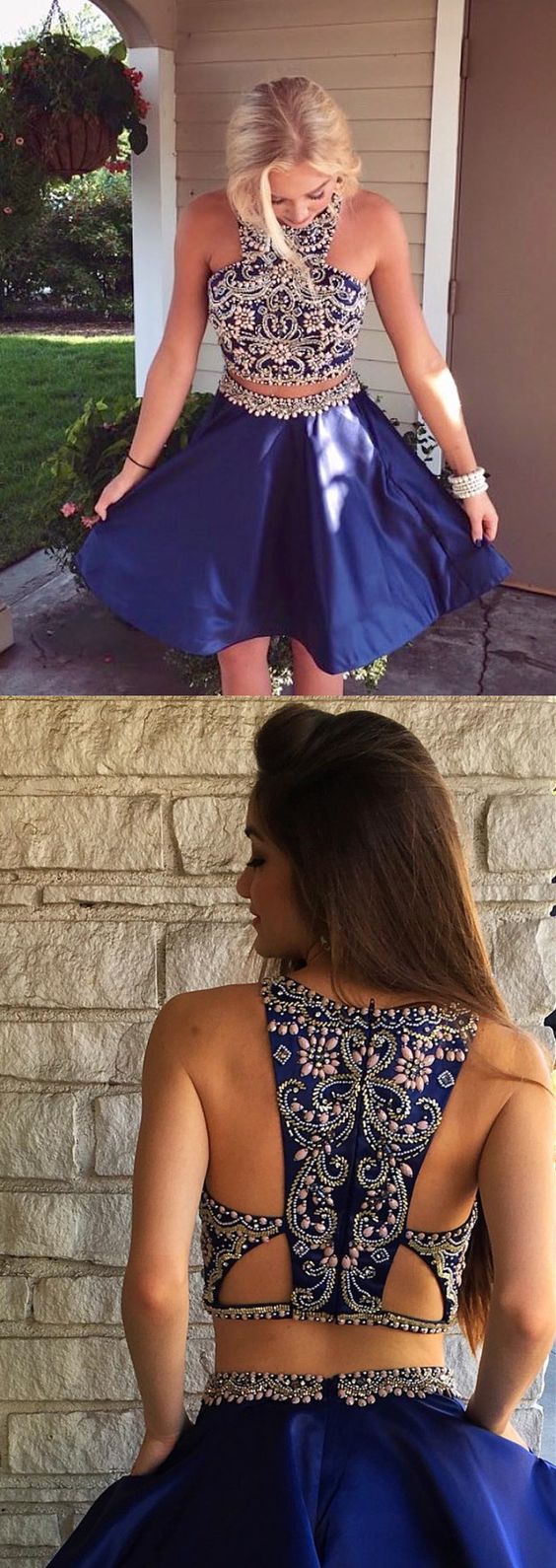 Two Piece Short Navy Blue Dresses Homecoming Dresses, Beaded Short homecoming Dresses Dancing Dresses cg1082