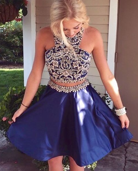 Two Piece Short Navy Blue Dresses Homecoming Dresses, Beaded Short homecoming Dresses Dancing Dresses cg1082