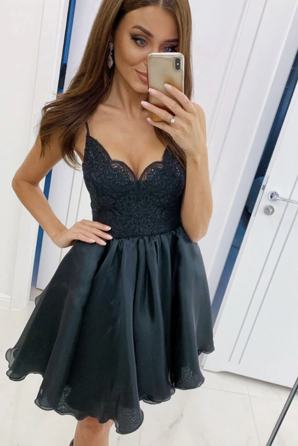 Black v neck lace tulle short dress black short dress Homecoming Dress cg10820