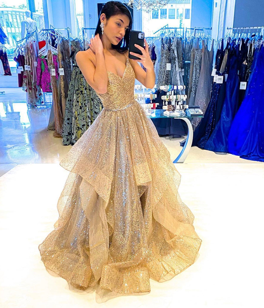 GOLD SEQUINS LONG PROM GOWN EVENING DRESS cg10824