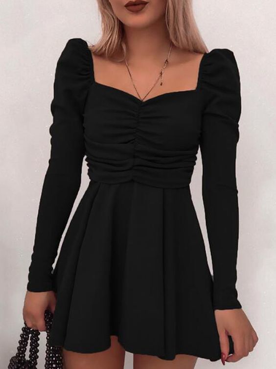 Black Pleated Square Neck Puff Sleeve Homecoming Party Mini Dress cg10831