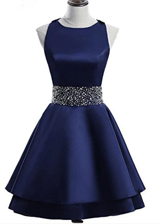 Navy Blue Satin Layers Cross Back Homecoming Dress cg10845