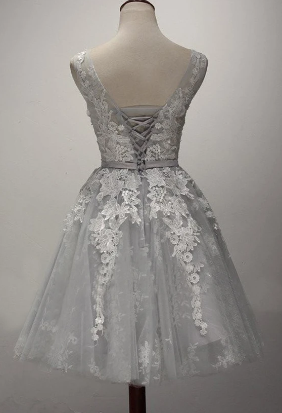 Adorable Tulle Short Lace Applique Graduation Dress, Grey Homecoming Dress cg10846