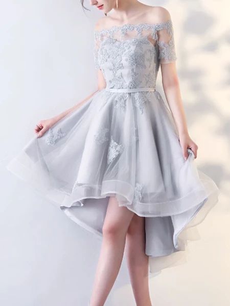 Silver Grey Off The Shoulder Binding Mini Dress,High Low Evening Dress,Sexy Short Sleeves homecoming dress cg10855