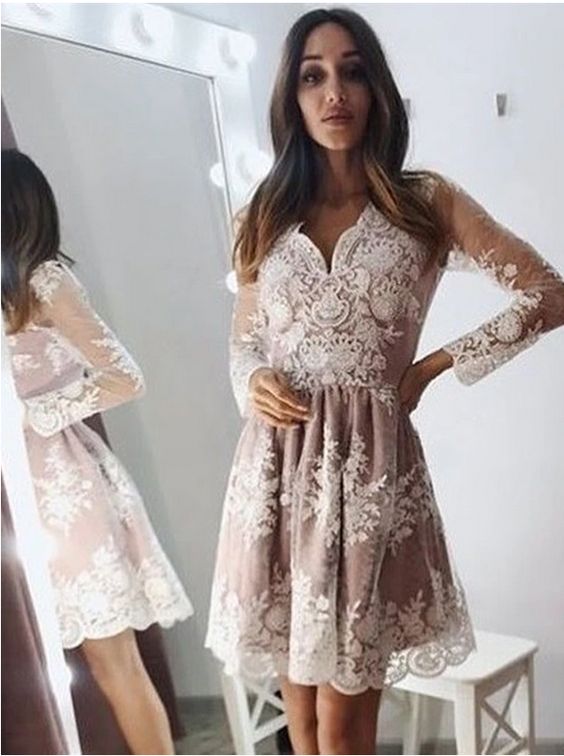 Modest Long Sleeve Short Homecoming Dress, Lace Graduation Dress cg10858