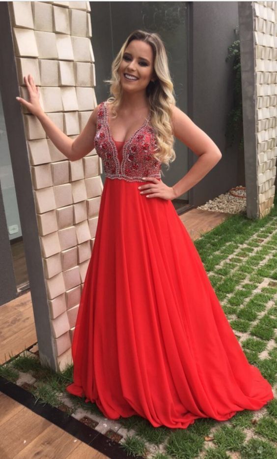 V-Neck Beading A-Line Charming Prom Dresses cg10871