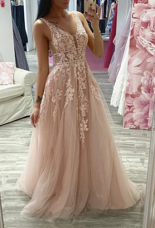 Pink tulle lace long prom dress evening dress cg10883