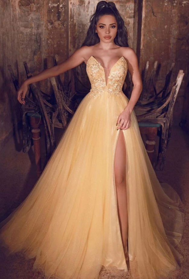 Yellow sweetheart tulle lace long prom dress, lace formal dress cg10886